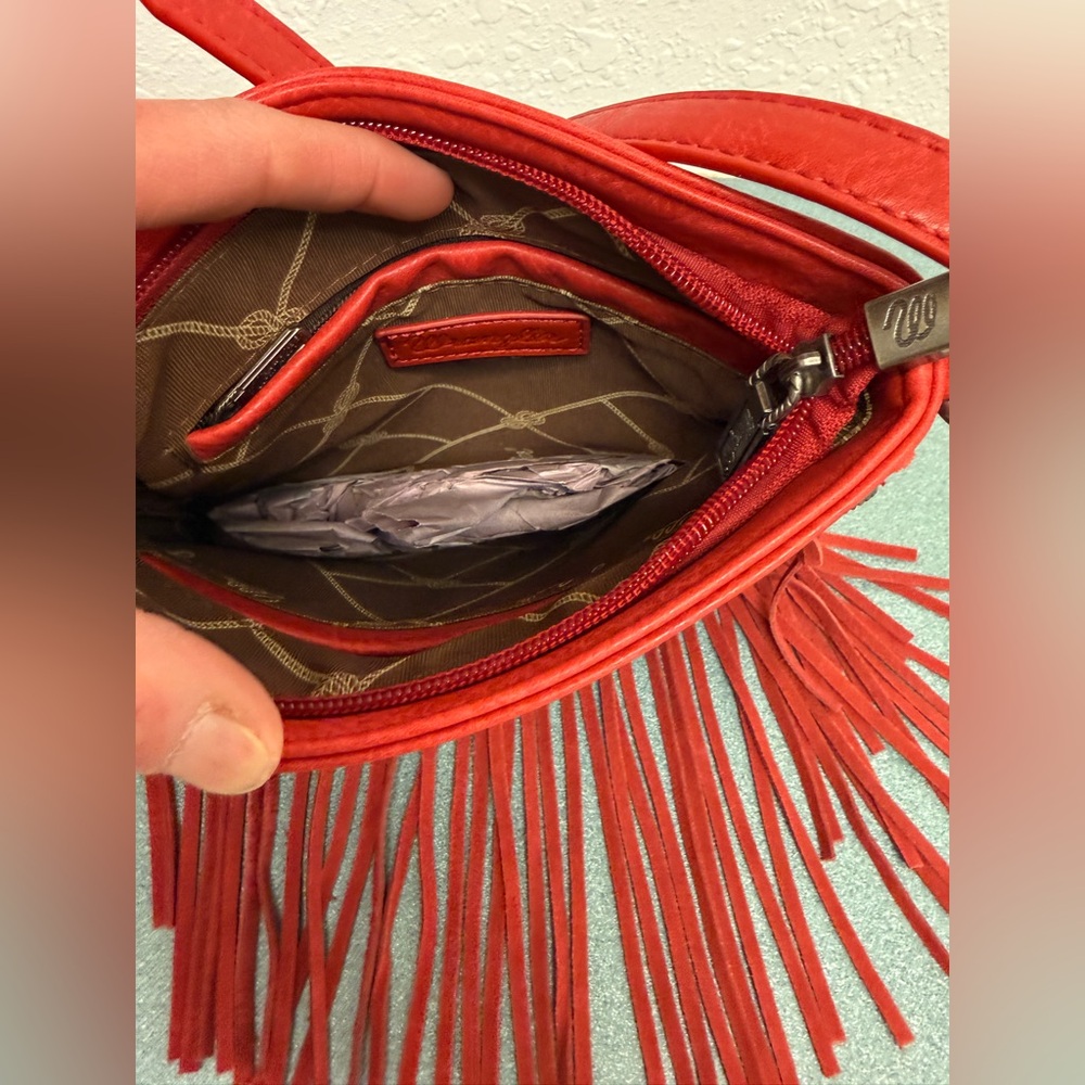 Wrangler Leather Fringe Denim Red Crossbody Bag - Picture 7 of 15